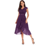 Solid V-neck Short Sleeve Slit Ruffled Lace/chiffon Evening Dress