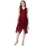 Solid Color Sleeveless V-neck Lace Irregular Dress