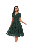 Retro Short Sleeve V-neck Lace Mid-length Dress