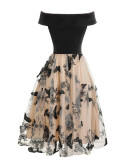 Off Shoulder Elegant Butterfly Embroidered Double Layer Mesh Party Dresses