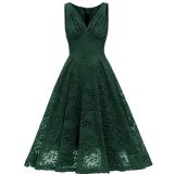 Solid Sleevelesss V-neck Pleated Lace Midi Dress