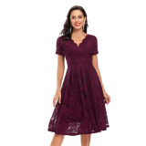 Retro Short Sleeve V-neck Lace Mid-length Dress
