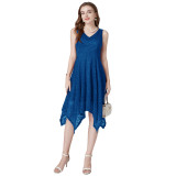 Solid Color Sleeveless V-neck Lace Irregular Dress