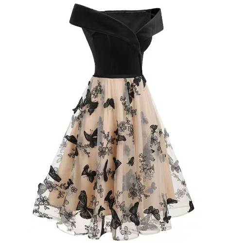 Off Shoulder Elegant Butterfly Embroidered Double Layer Mesh Party Dresses