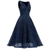 Solid Sleevelesss V-neck Pleated Lace Midi Dress