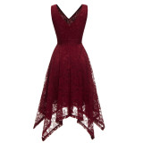 Solid Color Sleeveless V-neck Lace Irregular Dress