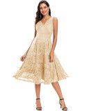Solid Sleevelesss V-neck Pleated Lace Midi Dress