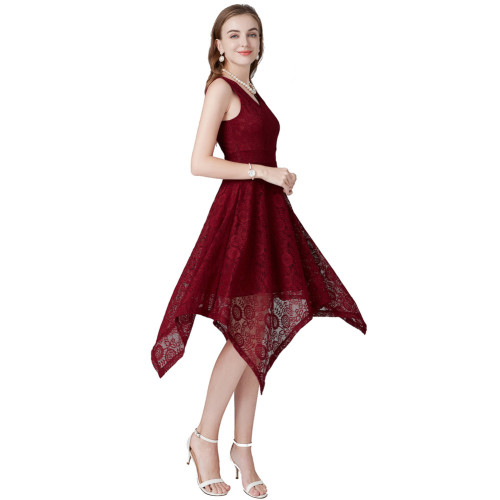 Solid Color Sleeveless V-neck Lace Irregular Dress