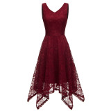 Solid Color Sleeveless V-neck Lace Irregular Dress