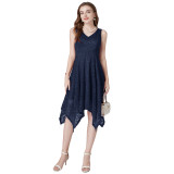 Solid Color Sleeveless V-neck Lace Irregular Dress