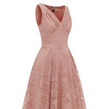 Solid Sleevelesss V-neck Pleated Lace Midi Dress