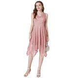 Solid Color Sleeveless V-neck Lace Irregular Dress