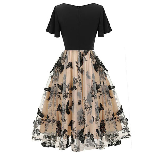Casual V Neck Short Sleeve Butterfly Mesh Embroidery Swing Dresses