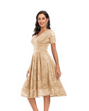 Retro Short Sleeve V-neck Lace Mid-length Dress