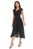 Solid V-neck Short Sleeve Slit Ruffled Lace/chiffon Evening Dress