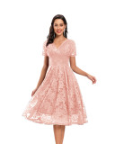 Retro Short Sleeve V-neck Lace Mid-length Dress
