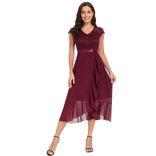 Solid V-neck Short Sleeve Slit Ruffled Lace/chiffon Evening Dress