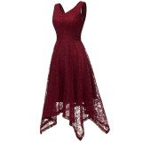 Solid Color Sleeveless V-neck Lace Irregular Dress