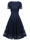 Retro Short Sleeve V-neck Lace Mid-length Dress