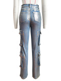 Stretch Multi Flap Pocket Metallic Denim Jeans