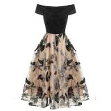 Off Shoulder Elegant Butterfly Embroidered Double Layer Mesh Party Dresses