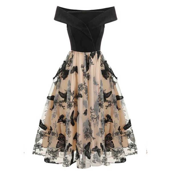 Off Shoulder Elegant Butterfly Embroidered Double Layer Mesh Party Dresses