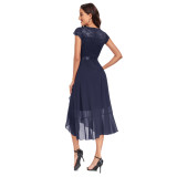 Solid V-neck Short Sleeve Slit Ruffled Lace/chiffon Evening Dress