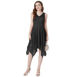 Solid Color Sleeveless V-neck Lace Irregular Dress