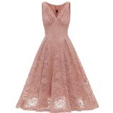 Solid Sleevelesss V-neck Pleated Lace Midi Dress