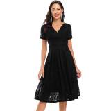 Retro Short Sleeve V-neck Lace Mid-length Dress