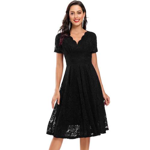 Retro Short Sleeve V-neck Lace Mid-length Dress