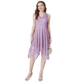 Solid Color Sleeveless V-neck Lace Irregular Dress