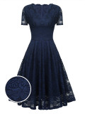 Retro Short Sleeve V-neck Lace Mid-length Dress