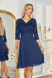 Retro V Neck Three-quarter Sleeve Lace/Chiffon Midi Dresses