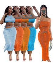 Sexy See Through Strapless Backless Wrapped Tube Top Tassel Knit Skirt