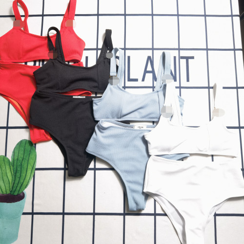Solid Color Pit Sleeveless Crop Top Bikini Set
