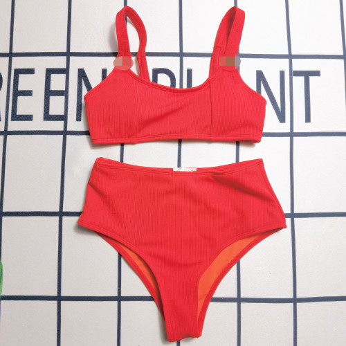 Solid Color Pit Sleeveless Crop Top Bikini Set