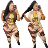Plus Size Women's Summer Short Sleeve Printed Trousers Outfits