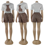 Summer Embroidery + Printed Cool silk Short Sleeve Shorts Set