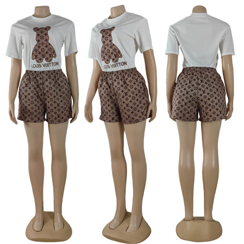 Summer Embroidery + Printed Cool silk Short Sleeve Shorts Set