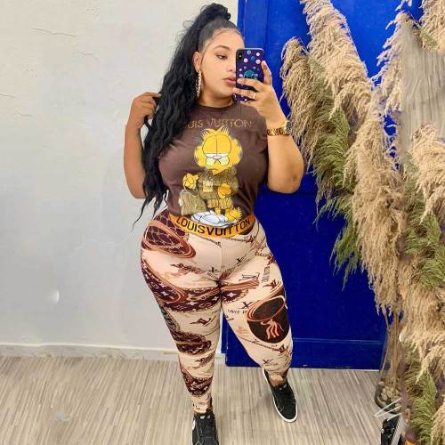 Plus Size Women's Summer Short Sleeve Printed Trousers Outfits