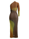 Summer Print Sloping Shoulder Single Sleeve Gradient Color Long Dress