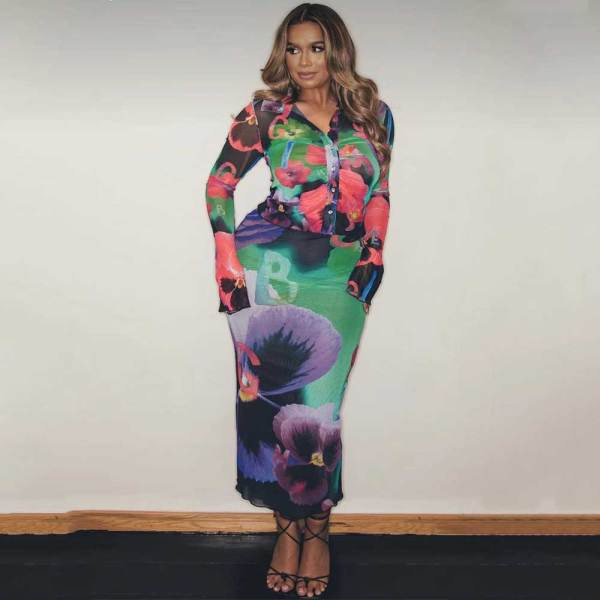 Women Sexy Double Layer Mesh Printed Two-Piece Set