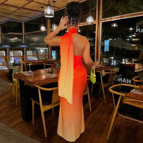 Ombre Asymmetrical Neck Mermaid Hem Halter Dress