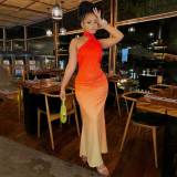 Ombre Asymmetrical Neck Mermaid Hem Halter Dress