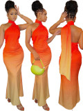 Ombre Asymmetrical Neck Mermaid Hem Halter Dress