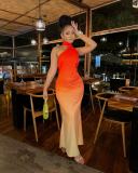 Ombre Asymmetrical Neck Mermaid Hem Halter Dress