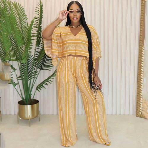 2024 Summer V Neck Printed Wide Sleeve Two-piece Short Set