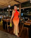 Ombre Asymmetrical Neck Mermaid Hem Halter Dress