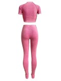 Solid Color Washed Distressed Ribbed Short Sleeve Trousers Suits